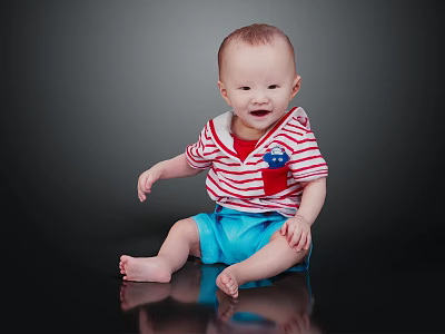 Cute Baby Sitting On Black Reflective Surface Wearing Red White Striped Shirt Blue Shorts Smiling 3d model