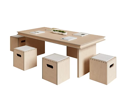 Wooden Table and Storage Stools Set with Modern Design Books and Potted Plant on Top 3d model
