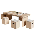 Wooden Table and Storage Stools Set with Modern Design Books and Potted Plant on Top