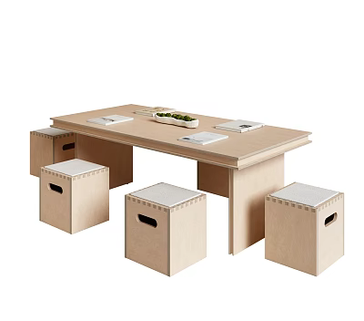 Wooden Table and Storage Stools Set with Modern Design Books and Potted Plant on Top 3d model