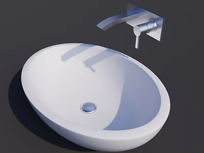 Sleek Modern White Oval Countertop Washbasin With Silver Wall Mounted Faucet 3d model