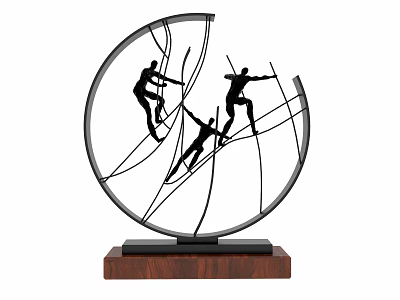 Artistic Circular Metal Sculpture With Dynamic Climbing Human Silhouettes And Wooden Base 3d model