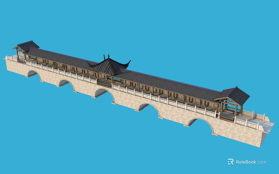 Traditional Chinese Stone Bridge with Arched Spans and Covered Pavilions on Blue Sky Background 3d model 