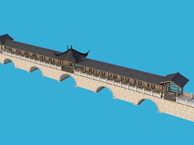 Traditional Chinese Stone Bridge with Arched Spans and Covered Pavilions on Blue Sky Background 3d model