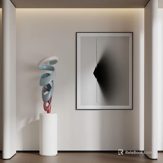 Modern Spiral Multicolored Sculpture In White Blue Red On White Pedestal With Wall Art 3d model 