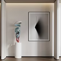 Modern Spiral Multicolored Sculpture In White Blue Red On White Pedestal With Wall Art