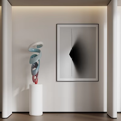Modern Spiral Multicolored Sculpture In White Blue Red On White Pedestal With Wall Art 3d model