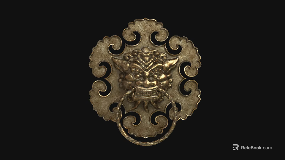 Traditional Chinese Metal Door Knocker With Lion Head Design And Cloud Patterns 3d model 