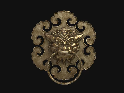 Traditional Chinese Metal Door Knocker With Lion Head Design And Cloud Patterns 3d model