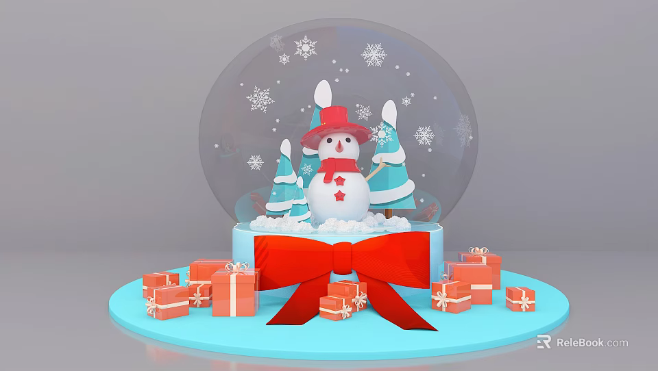 Christmas Snow Globe With Snowman Trees Snowflakes Surrounded By Gift Boxes And Red Bow 3d model 