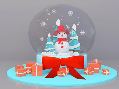 Christmas Snow Globe With Snowman Trees Snowflakes Surrounded By Gift Boxes And Red Bow 3d model