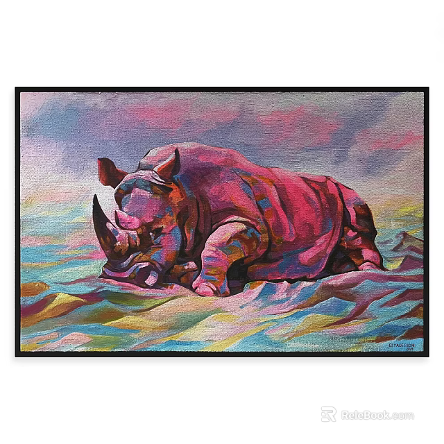 Colorful Rhinoceros Animal Painting With Vibrant Sky And Wavy Colorful Ground 3d model 