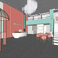 Modern Beauty Hair Salon Interior With Pink Walls Green Section Reception Desk And Chandelier
