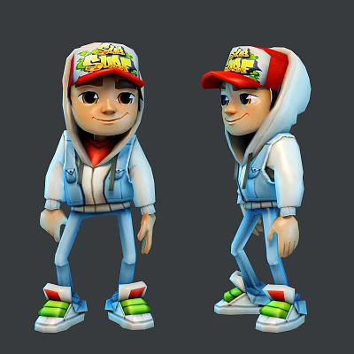 Cartoon Style Man in Hooded Jacket and Cap with Text on Jeans and Colorful Shoes 3d model