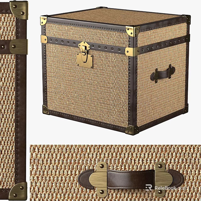 Vintage Decorative Ornament Set with Brown Leather Woven Texture Box and Metal Hardware Accents 3d model 