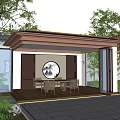 Traditional Chinese Garden Pavilion with Wooden Floor Circular Decorative Painting and Natural Green Surroundings
