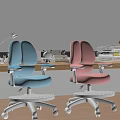 Modern Blue Pink Desk and Chair Set with Swivel Wheels Armrests and Green Plants