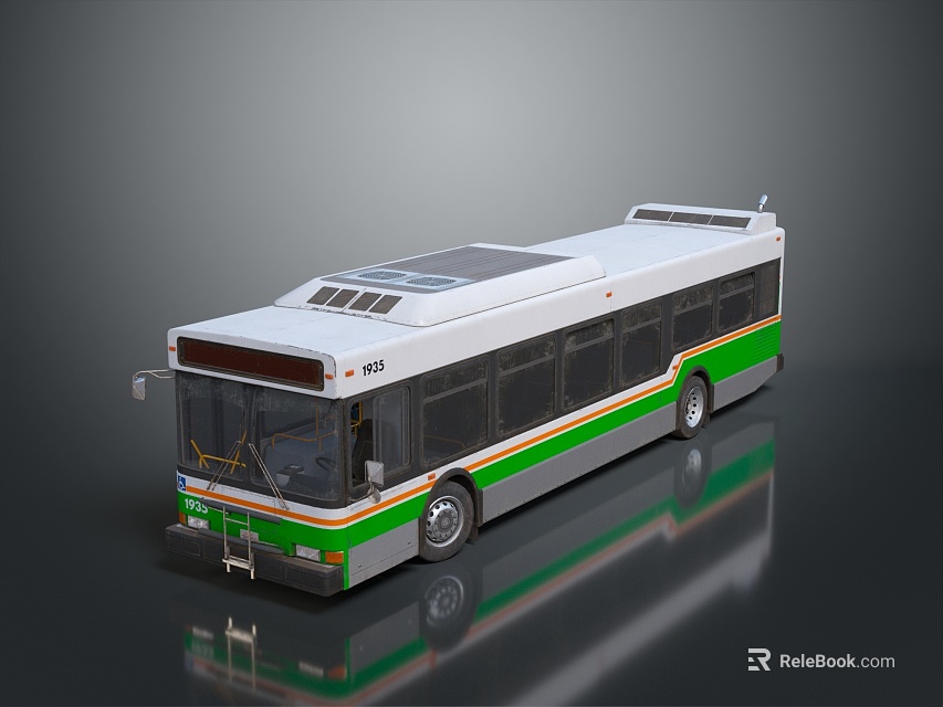 Modern White Bus With Green Orange Stripes Solar Panels On Roof And Ground Reflection 3d model 