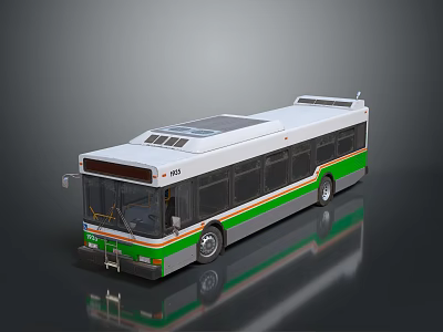 Modern White Bus With Green Orange Stripes Solar Panels On Roof And Ground Reflection 3d model