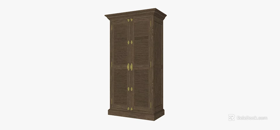 Dark Brown Solid Wood Wardrobe With Louvered Doors And Golden Handles 3d model 