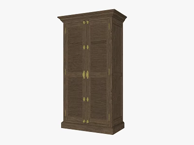 Dark Brown Solid Wood Wardrobe With Louvered Doors And Golden Handles 3d model
