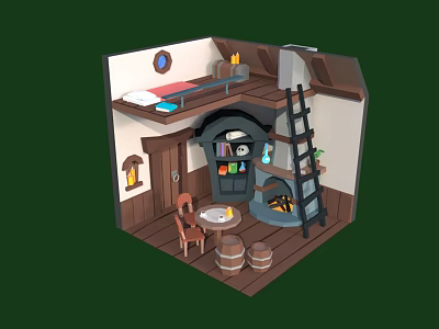 Cartoon Cozy Cottage Interior With Bunk Bed Ladder Bookshelf Table Chair And Barrels 3d model