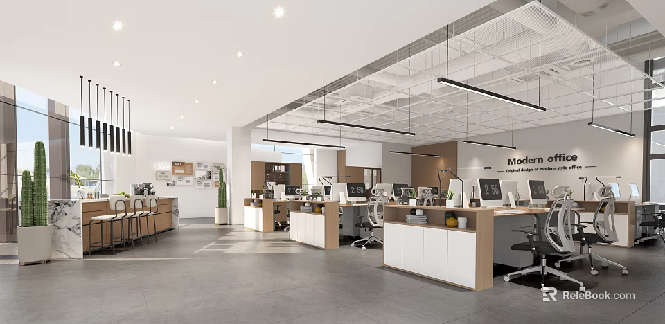 Public Office Space With Modern Design Open Layout Workstations Computers And Lighting Fixtures 3d model