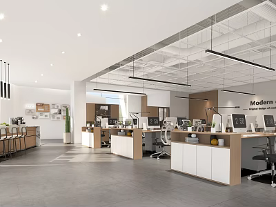 Public Office Space With Modern Design Open Layout Workstations Computers And Lighting Fixtures 3d model
