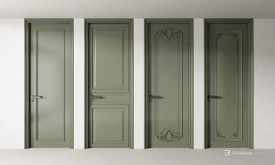 Green Hinged Doors With Intricate Carvings And Panel Designs For Interior Spaces 3d model 