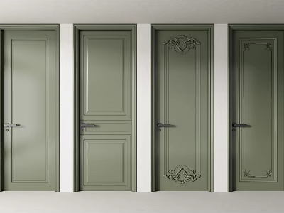 Green Hinged Doors With Intricate Carvings And Panel Designs For Interior Spaces 3d model
