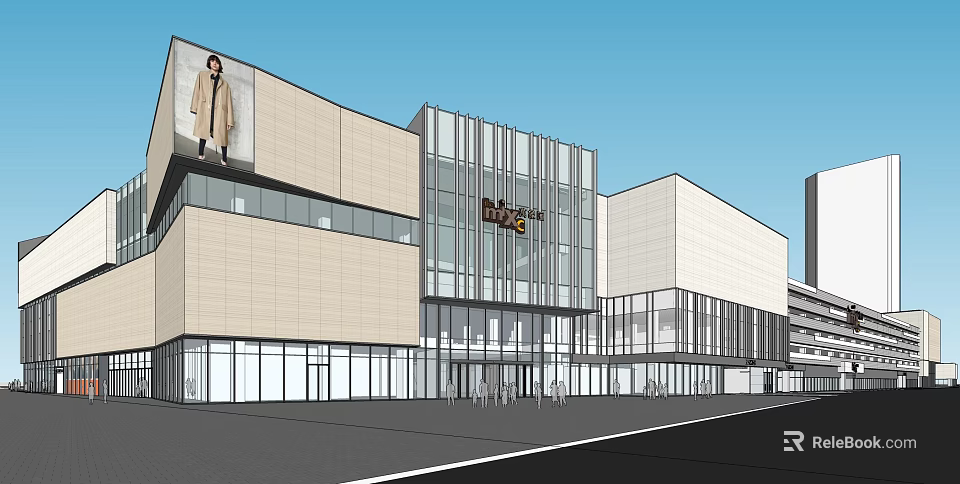 Modern Commercial Street Featuring Glass Facade Mixed Material Exterior And Spacious Plaza 3d model 