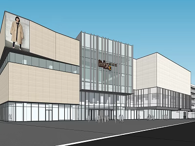 Modern Commercial Street Featuring Glass Facade Mixed Material Exterior And Spacious Plaza 3d model