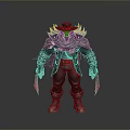 Man Wearing Dark Armor With Hat Cloak And Red Bladed Weapons