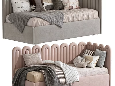 Cute Kids Bed With Curved Headboard Pastel Colors Pillows And Blankets 3d model