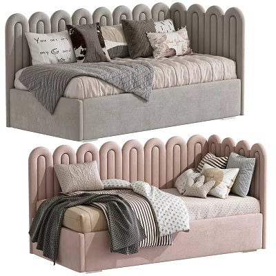 Cute Kids Bed With Curved Headboard Pastel Colors Pillows And Blankets 3d model