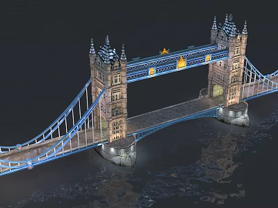 London Tower Bridge Illuminated Towers Suspension Structure And River Reflection 3d model