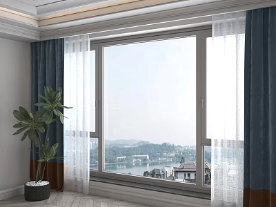 Layered Dark And White Curtains For Window With Scenic View And Green Plant 3d model