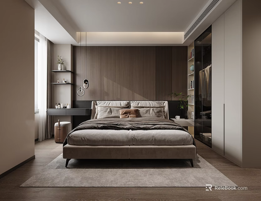 Modern Bedroom Interior Design With Wooden Wall Large Bed Nightstand Wardrobe And Rug 3d model 