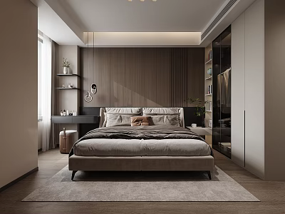 Modern Bedroom Interior Design With Wooden Wall Large Bed Nightstand Wardrobe And Rug 3d model