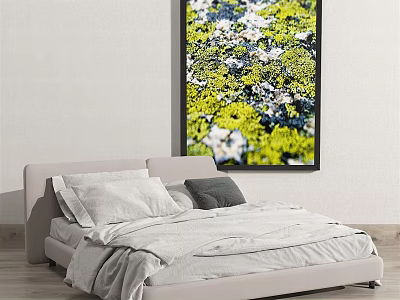Double Bed with Light Headboard White Sheets Gray Pillow and Floral Wall Art 3d model
