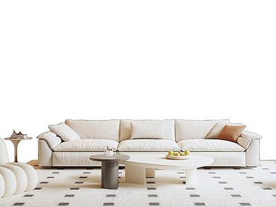 Modern Beige Sofa With Cozy Cushions And White Gray Coffee Table Combination On Geometric Rug 3d model