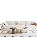 Modern Beige Sofa With Cozy Cushions And White Gray Coffee Table Combination On Geometric Rug