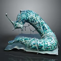 Turquoise Spotted Snail Like Creature With Antennae And Mucus Like Strands On Base Platform