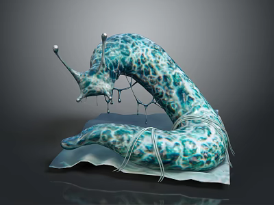 Turquoise Spotted Snail Like Creature With Antennae And Mucus Like Strands On Base Platform 3d model