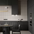 Modern Dining Living Room Interior With Dark Cabinets Dining Table Chairs Pendant Lights And Green Plants
