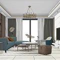Modern Living Room Interior With Green Sofa Coffee Table Gray Curtains And Chandelier