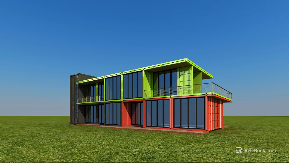 Colorful Container Building With Green Red Black Facade Large Windows And Balcony 3d model 
