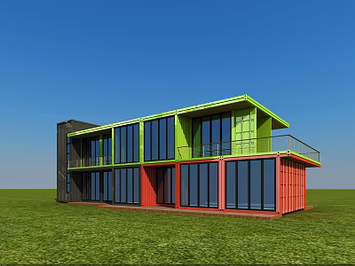 Colorful Container Building With Green Red Black Facade Large Windows And Balcony 3d model