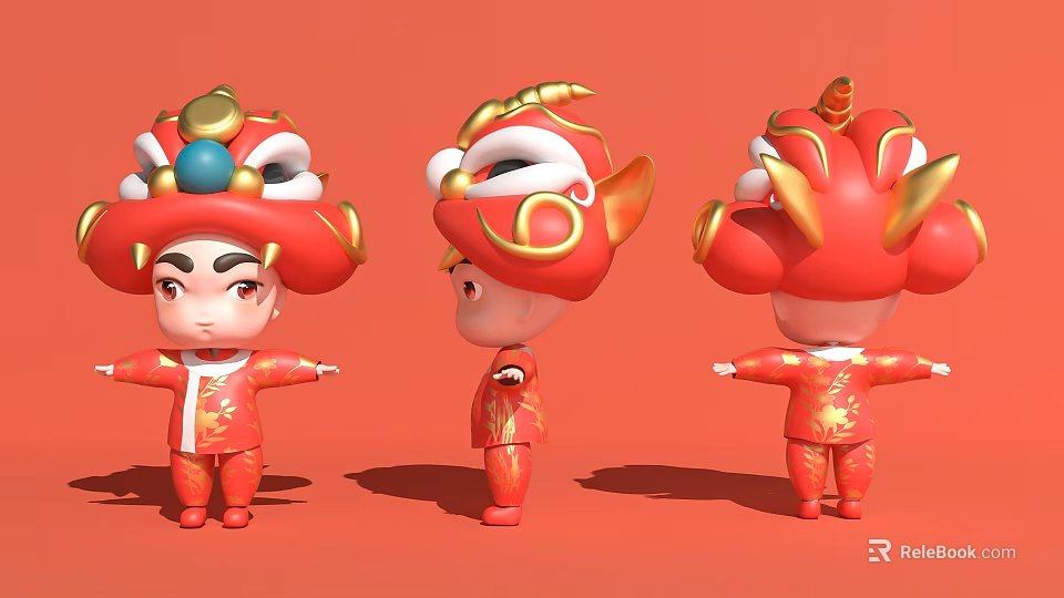 Red Cartoon Character Decorative Ornament Set With Traditional Golden Patterns And Ornamental Hats 3d model 