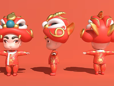 Red Cartoon Character Decorative Ornament Set With Traditional Golden Patterns And Ornamental Hats 3d model